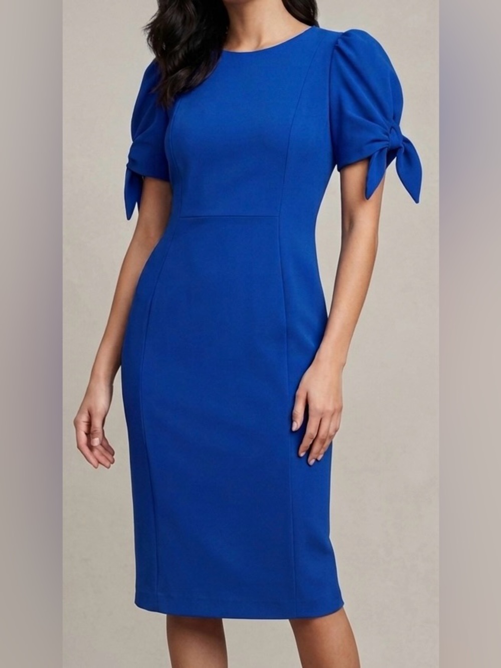 Sz 8 Calvin Klein Elegant Royal Blue Dress with Tie-Sleeve Detail
